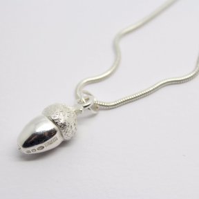 Medium solid silver Acorn pendant on silver snake chain