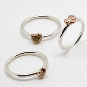 Handmade Silver & 9ct Rose Gold Heart ring - stacking rings - sold separately